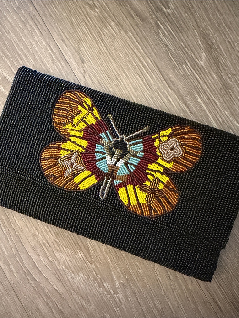 Primary Black Beaded Clutch with Multicolor Butterfly Motif